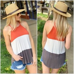 Infinity Raine Tops - Color Block Halter Knit Tank-Coral, white, gray Infinity Raine Tops - Color Block Halter Knit Tank-Coral, white, gray